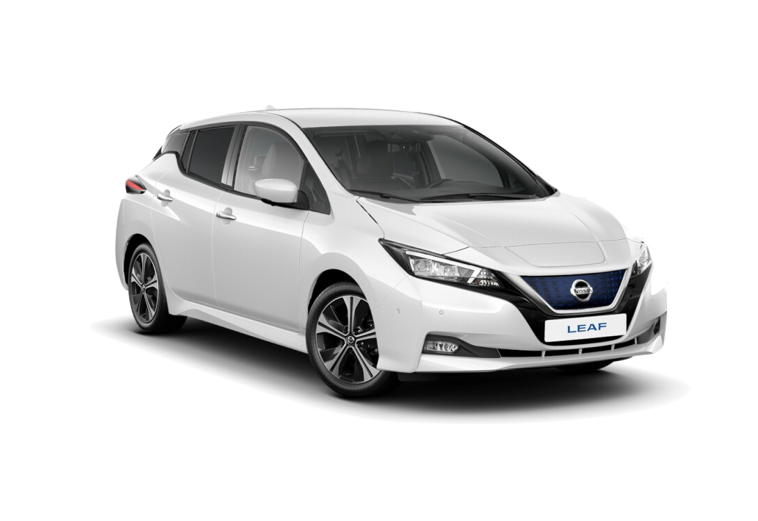 Witte Nissan Leaf elektrische auto, zijaanzicht.